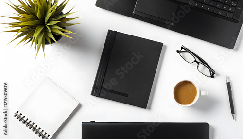 Top-Down View of Office Desk Setup with Laptop, Coffee Mug, Notebook, Phone, Pen, Pencils, Papers, and Glasses Scattered on Table – Productive Workspace Concept