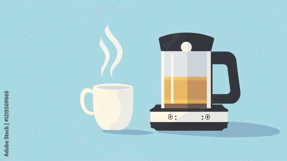 A simple coffee maker brewing a fresh cup, with a steaming mug waiting beside it. A simple coffee maker brewing a fresh cup, with a steaming mug waiting beside it.