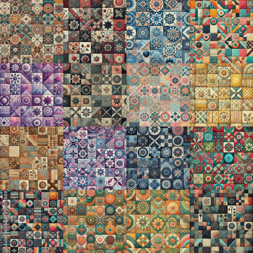Fototapeta premium Creative patchwork tiled backgrounds. AI generated illustration