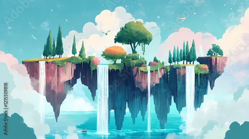 A fantastical dreamscape of floating islands, sky-high waterfalls, and surreal, unattainable vistas. Dreamscape Falls. Illustration