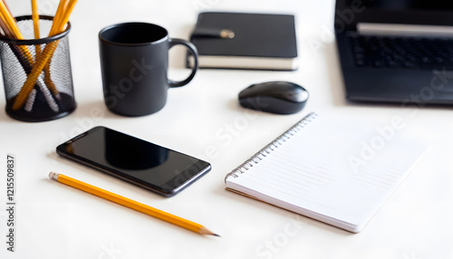 Top-Down View of Office Desk Setup with Laptop, Coffee Mug, Notebook, Phone, Pen, Pencils, Papers, and Glasses Scattered on Table – Productive Workspace Concept