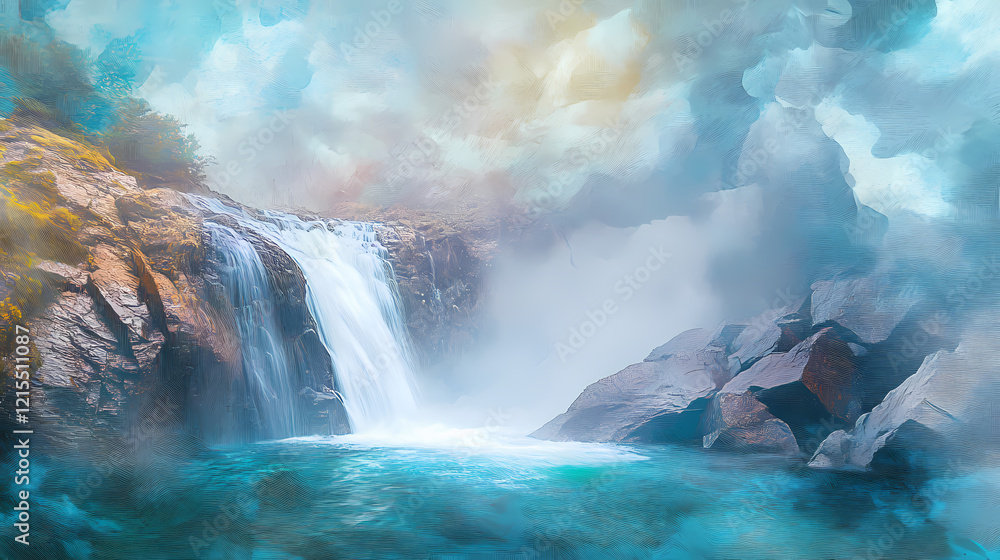 Naklejka premium Ellenborough falls in june unravels as a surreal dreamscape, where the water's edge blurs into a misty realm of abstract shapes and colors. Dreamscape Falls. Illustration