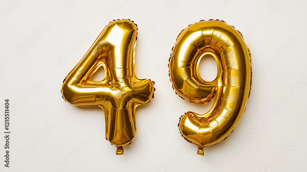 Golden foil balloon number forty nine. Top view. Colored number on white background. Golden foil balloon number forty nine. Top view. Colored number on white background.