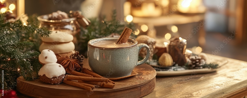 Cozy holiday scene with hot chocolate and festive treats Cozy holiday scene with hot chocolate and festive treats