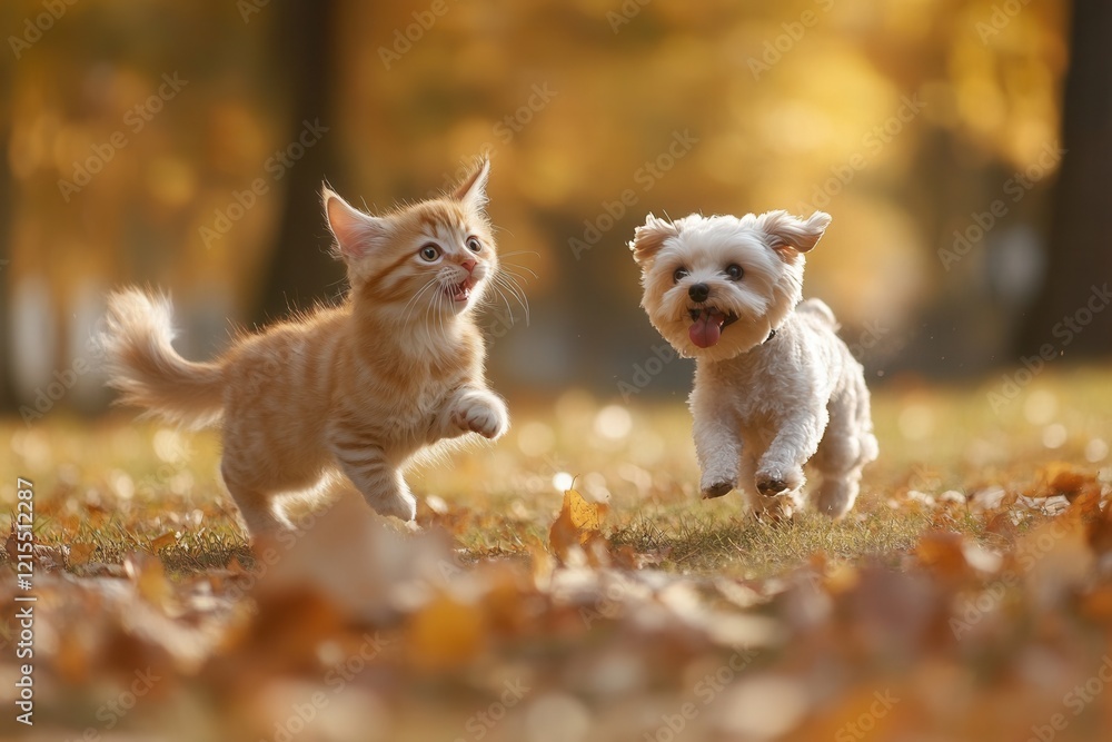 Obraz premium Playful kitten and puppy running in autumn leaves