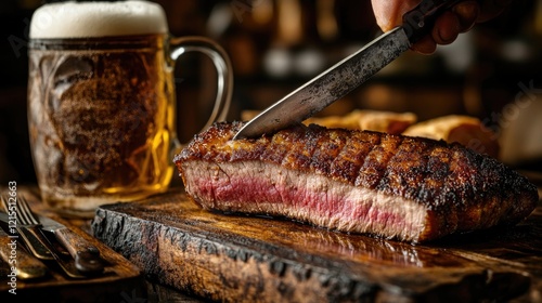 Juicy steak sliced on wooden board, paired with frosty beer, inv photo