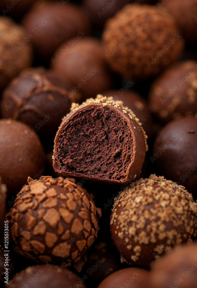 Close-up of various chocolate truffles, showcasing their glossy Close-up of various chocolate truffles, showcasing their glossy