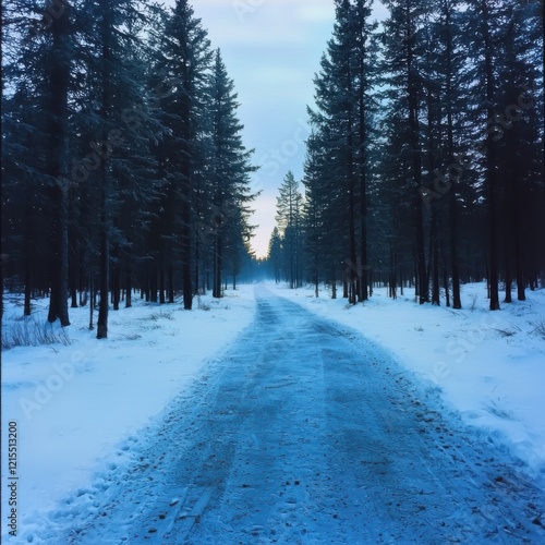 Twilight snowfall graces a frosty forest path in a silvery glow realistic gigapixel image straight-on perspective