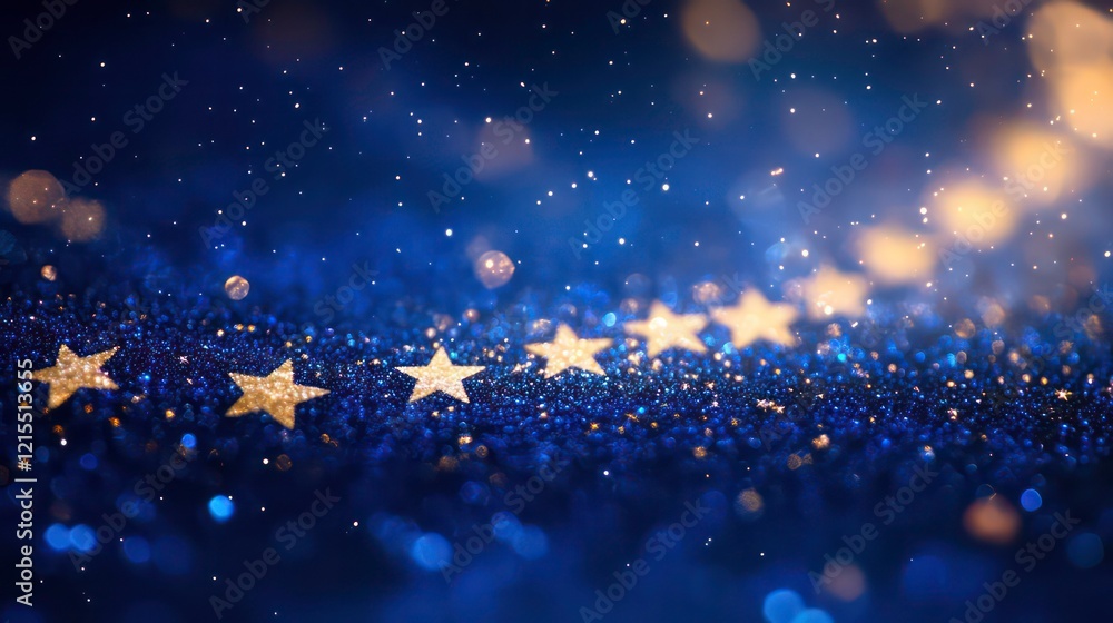 Obraz premium A spiral row of stars curving outward from the center, over a starry blue bokeh.