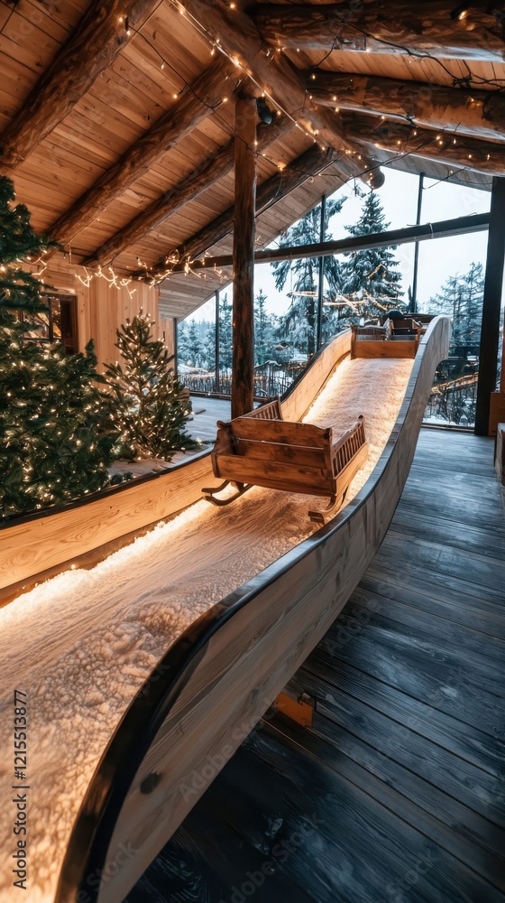 Obraz premium Festive sleigh experience curator explains gigapixel display at a cozy winter lodge in the snowy mountains