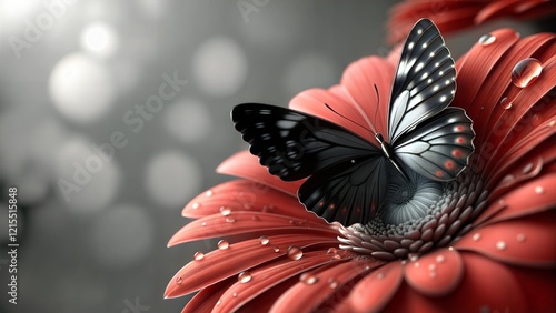 Black butterfly sitting on a red flower with water droplets, close-up shot with soft bokeh effect and copy space