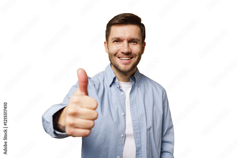 Man smiling and giving thumbs up in casual attire against plain background Man smiling and giving thumbs up in casual attire against plain background