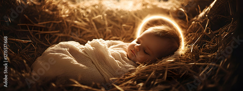 The newborn baby Jesus with a halo over his head sleeping in a wooden manger surrounded by straw symbolizes peace and hope. The concept of Jesus' birth, religion.
