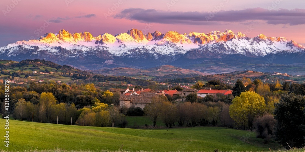 Obraz premium Breathtaking mountain landscape at sunset. Snow-capped peaks shine in warm light. Lush green fields and trees add beauty. A peaceful view perfect for travel or nature lovers. AI