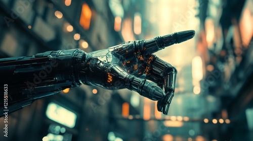 A dynamic image showcasing a cybernetic hand with intricate designs, raised against a backdrop of a vibrant cityscape, symbolizing connectivity and exploration. photo