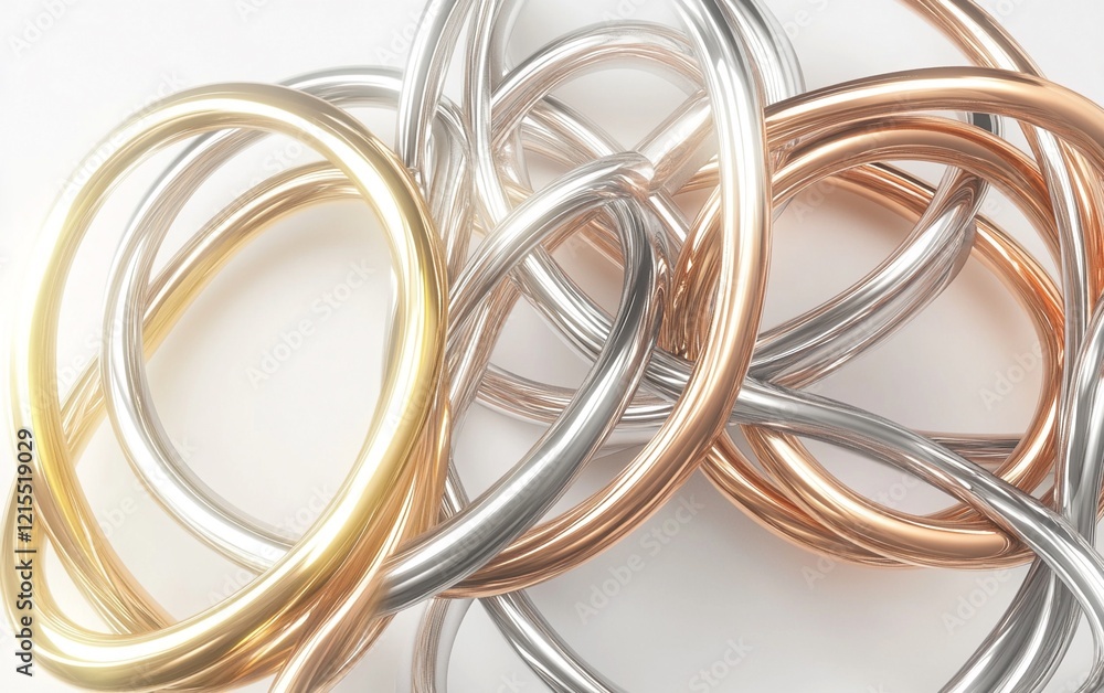 Stunning 3D Rendering of Intertwined Metallic Wires with Gold, Silver, and Copper Finishes in Minimalist Design on White Background Stunning 3D Rendering of Intertwined Metallic Wires with Gold, Silver, and Copper Finishes in Minimalist Design on White Background