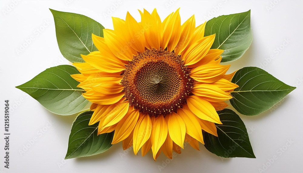 Naklejka premium realistic sunflower with vibrant yellow petals and green leaves on white background symbolizing warmth and positivity perfect for brightening any space