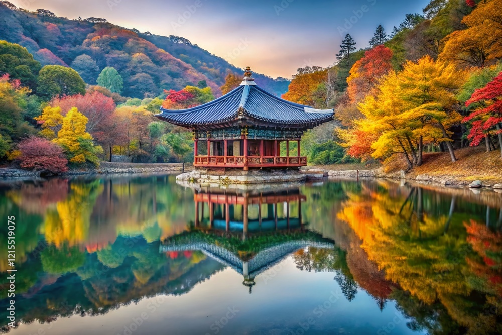Obraz premium Serene Naejangsan Pond & Wuhwajeong Pavilion: Minimalist Autumn Landscape, South Korea