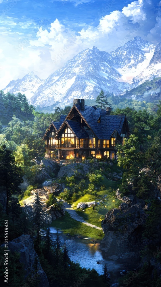 Fototapeta premium Serene dusk lighting illuminates an enchanting mountain lodge nature paradise gigapixel artwork dreamlike environment