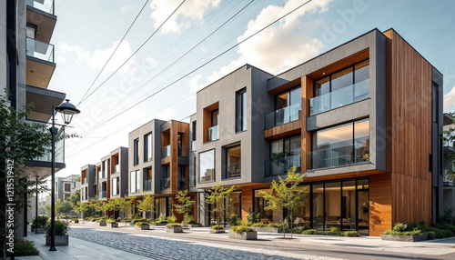 Sleek, multi-story buildings with gray exteriors and wooden paneling in a serene urban setting.