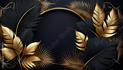 an abstract frame of black and gold palm leaves and tropical leaves harmonizing with nature in a junglepunk chiaroscuro illustration harmonic illustration