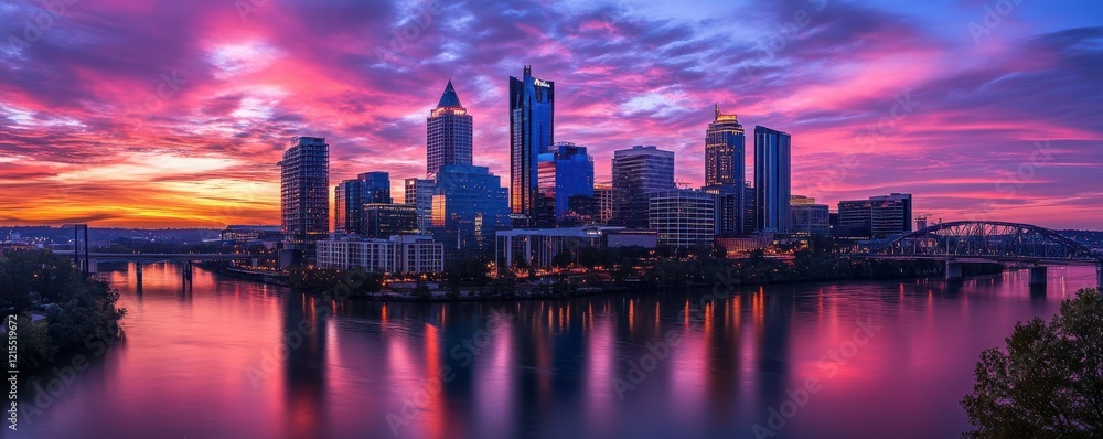 Naklejka premium Vibrant sunset over urban skyline with reflective waters and dramatic sky
