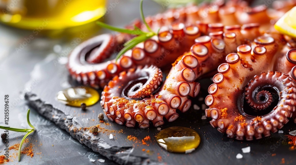 Fototapeta premium Pulpo a la Gallega, slices of tender octopus sprinkled with smoked paprika, drizzled with olive oil, served on a wooden plate with boiled potatoes