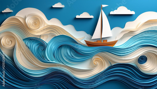 illustrative paper style boat sailing on blue ocean waves