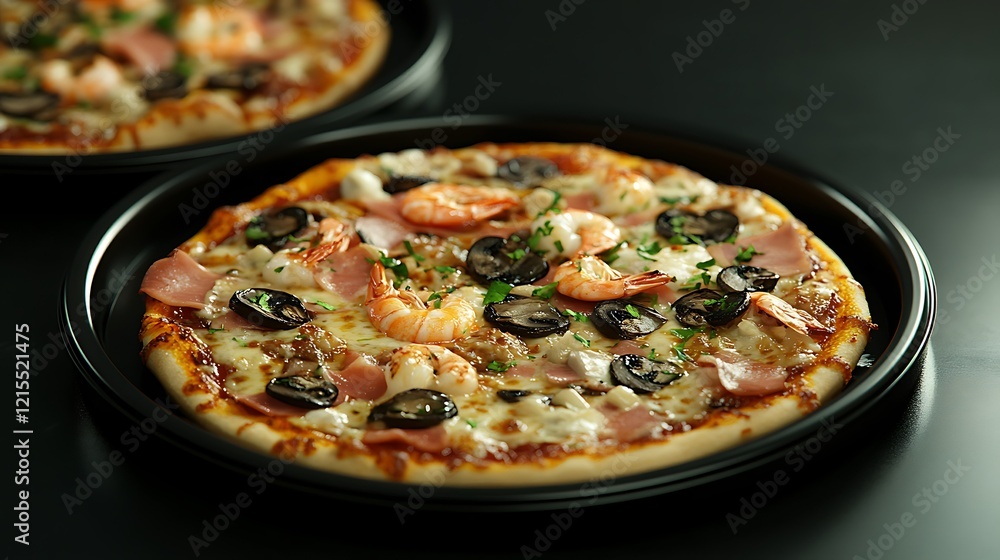 A collection of Italian pizzas with various toppings, including seafood, mushrooms, and ham, on black ceramic plates, set against a dark, elegant background. A collection of Italian pizzas with various toppings, including seafood, mushrooms, and ham, on black ceramic plates, set against a dark, elegant background.