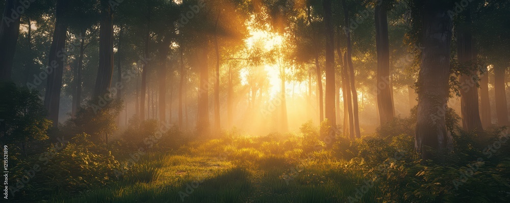 Obraz premium Sunlight filtering through dense forest canopy at dawn