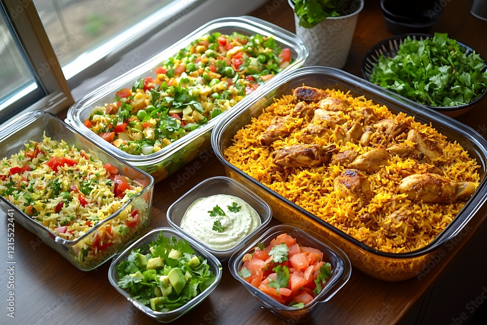A colorful overhead view of homemade chicken biryani, with tender chicken pieces, golden rice, and fresh herbs, served alongside a cooling raita and fresh salad. A colorful overhead view of homemade chicken biryani, with tender chicken pieces, golden rice, and fresh herbs, served alongside a cooling raita and fresh salad.