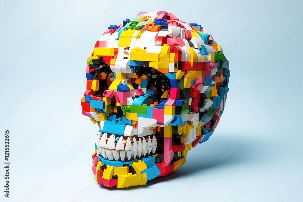Naklejka premium Colorful skull made of plastic bricks symbolizing mortality and playfulness