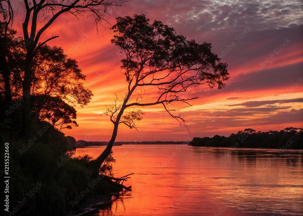 Sunset over Parana River: Vibrant Colors & Calm Waters Sunset over Parana River: Vibrant Colors & Calm Waters
