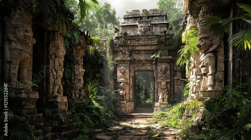 A lost ancient temple built by the Maya, Inca, or Aztec people, nestled in the jungle, adorned with a deity sculpted in the stone, where the deity's mouth acts as the gateway into a mysterious cave.