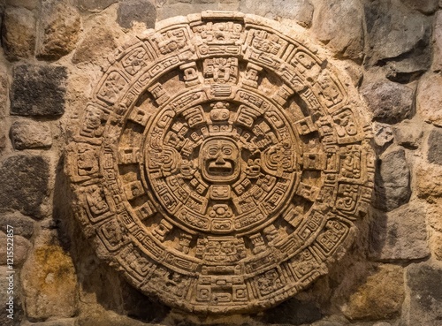 In Mexico City's National Anthropology Museum, the Aztec Sun Stone—also referred to as the Calendar Stone—embodies the symbolic meanings of Aztec cosmology and religion. photo