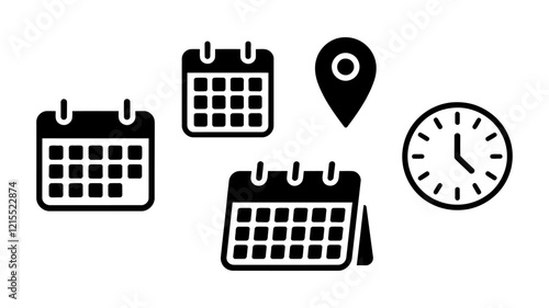 Calendar, Location Pin, and Clock Icon Set for Scheduling and Planning vector illustration