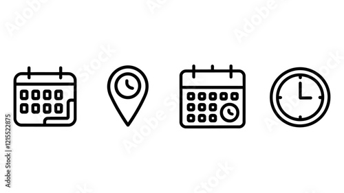 Calendar, Location Pin, and Clock Icon Set for Scheduling and Planning vector illustration