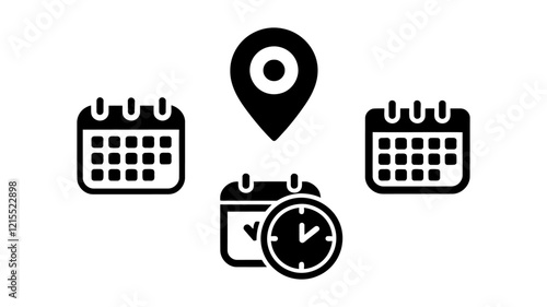 Calendar, Location Pin, and Clock Icon Set for Scheduling and Planning vector illustration
