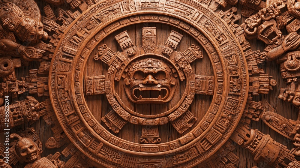 Obraz premium A rustic wood backdrop with a Mesoamerican, Mayan, or Aztec design, featuring ornate tribal carvings and a blank space for copy, along with motifs of Quetzalcoatl, Kukulkan, and Tohil.