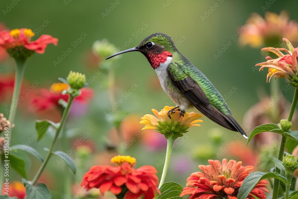 Fototapeta premium Male Ruby-throated Hummingbird Perched on a Branch