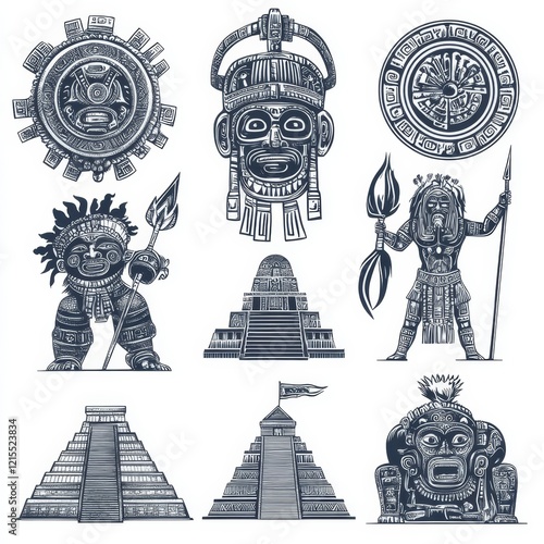 A set of monochrome images showcasing Mayan cultural symbols, with tribal masks and totems. This collection also includes contemporary renditions of Aztec tribal mythology, presented in a vintage photo