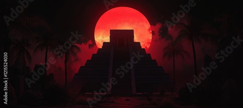 In the background of a 3D rendered illustration, a Mexican Mayan Aztec pyramid stands eerily before a monstrous red blood moon, evoking a Halloween vampire magic ethnic party atmosphere. photo