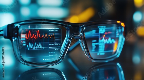 Sleek smart glasses showcase vital health metrics like heart rate and hydration levels through augmented reality, offering cutting-edge insights in a high-tech environment