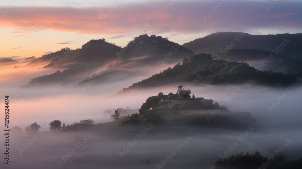 Fototapeta premium A tranquil landscape at dawn, featuring rolling hills shrouded in mist and soft pastel skies, creating a serene and mystical atmosphere.