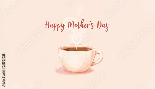 Charming Happy Mother’s Day card featuring a steaming coffee cup with heart-shaped steam on a soft pastel background