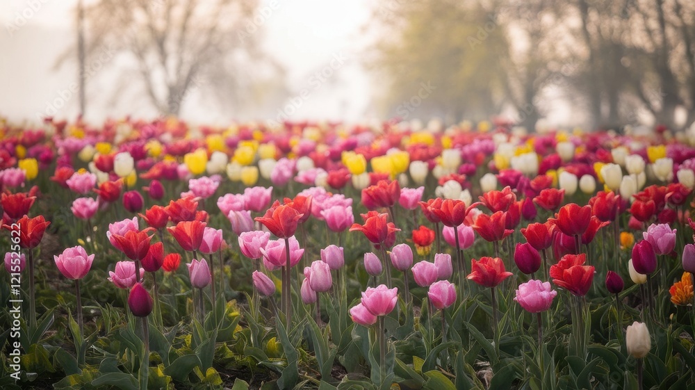 A vibrant field filled with colorful tulips in various shades, creating a stunning floral display in a serene setting. A vibrant field filled with colorful tulips in various shades, creating a stunning floral display in a serene setting.
