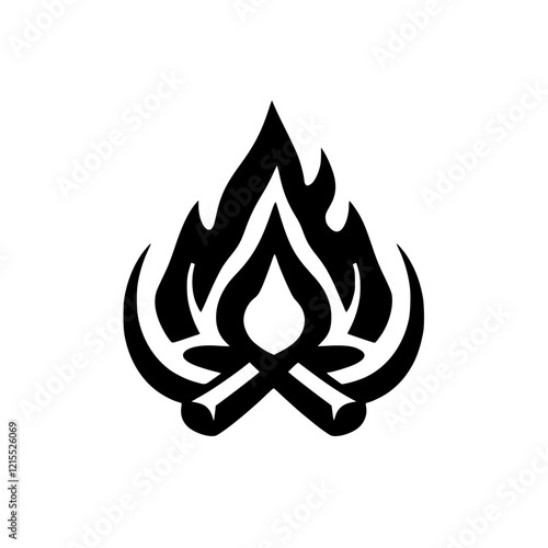 Campfire Design: Black and White Stylized Bonfire Logo, Perfect for Camping, Hiking, and Outdoor Recreation Brands