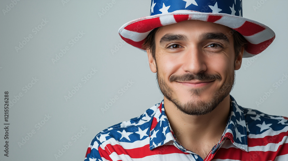 Man in American flag-themed outfit smiling confidently Man in American flag-themed outfit smiling confidently