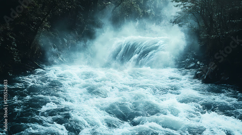 Mysterious water elemental in a turbulent river surrounded by misty forest, its powerful form blending with the rushing water. Enchanted River. Illustration
