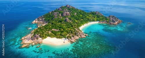 Tropical island paradise surrounded by turquoise sea and lush greenery